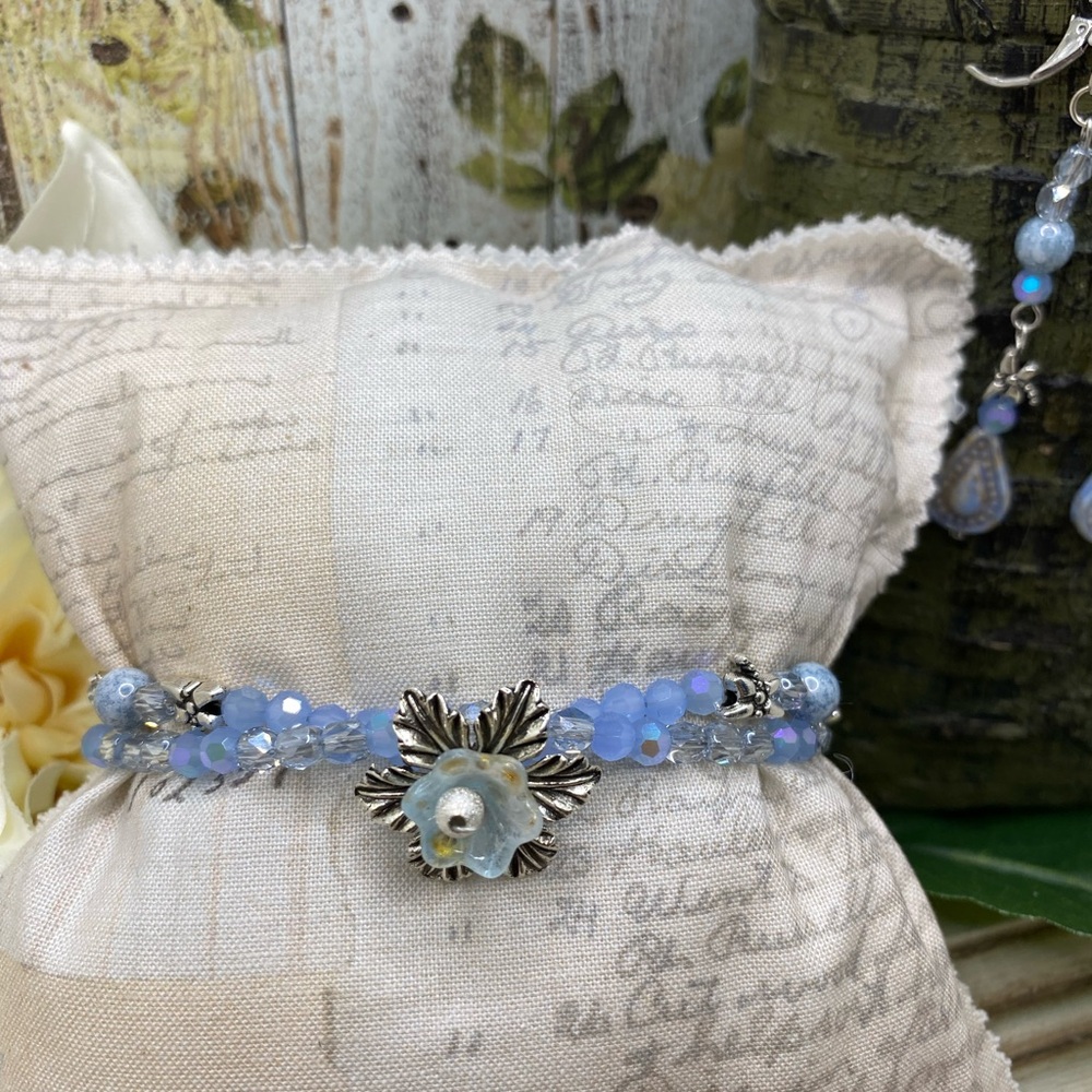 Silver and Blue Czech Glass Floral Beaded Double Strand Bracelet and Earring Set